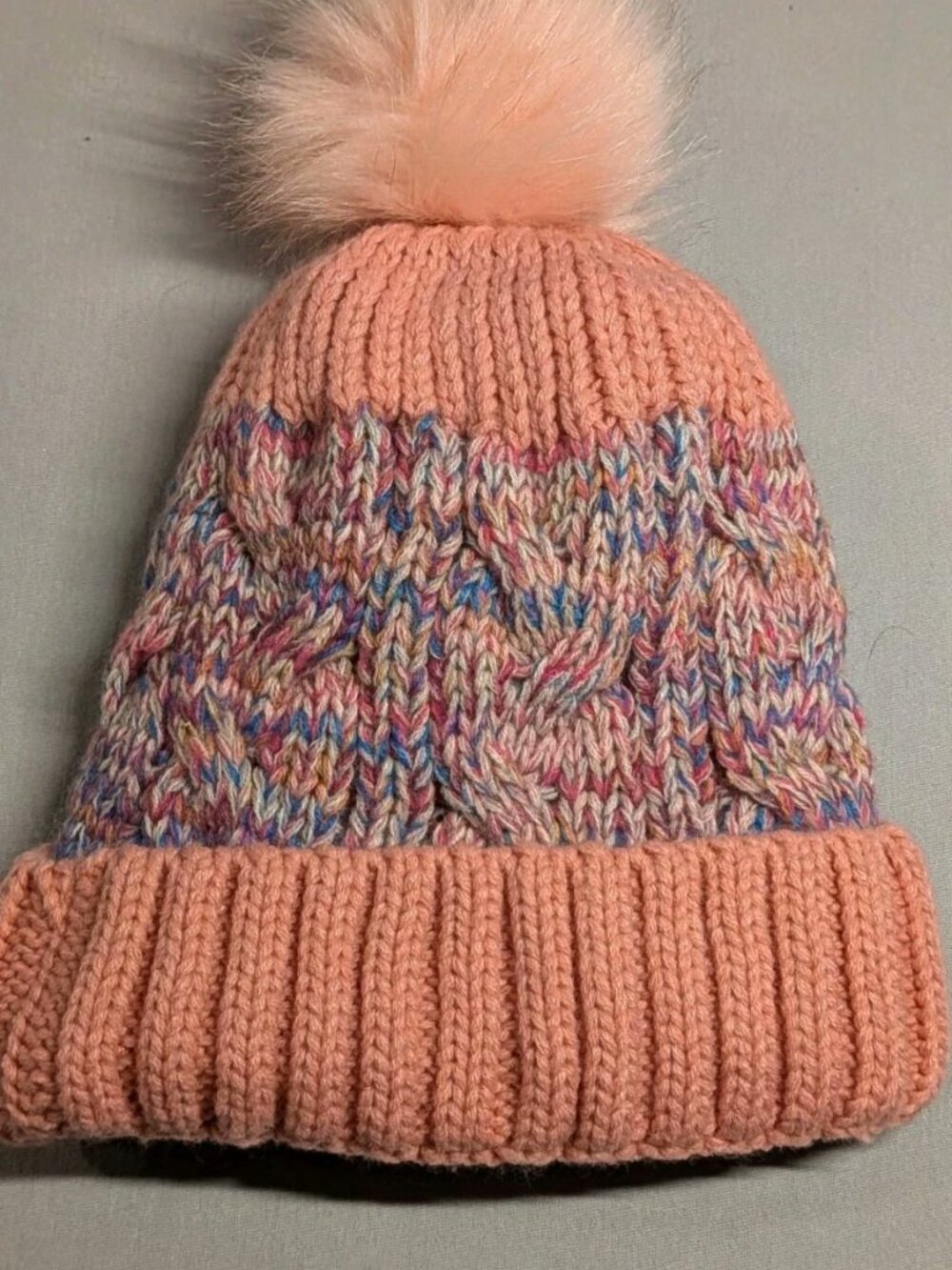 North Creek Cable Knit Hat, Soft Fur Lining, One Size, Fur Ball Pom Top